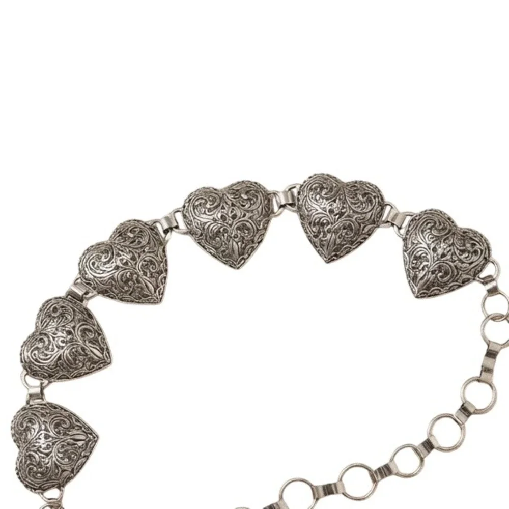 Vintage Silver Tone Heart Chain Belt Ornate Filigree Floral Adjustable M/L